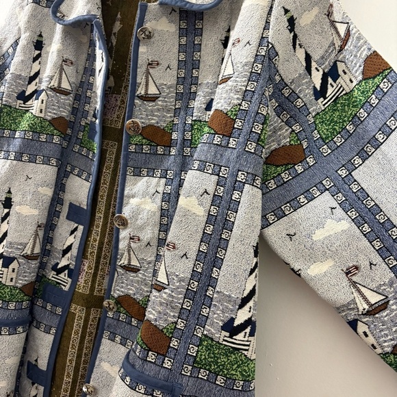 Vtg 90s Blair Nautical Sailboat Lighthouse Tapestry Jacket Lined Sz 2XL Coastal - Picture 4 of 14